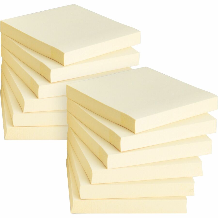 Business Source Yellow Repositionable Sticky Notes - 3" x 3" - Square - Yellow, Solvent-free Adhesive - 12 Count