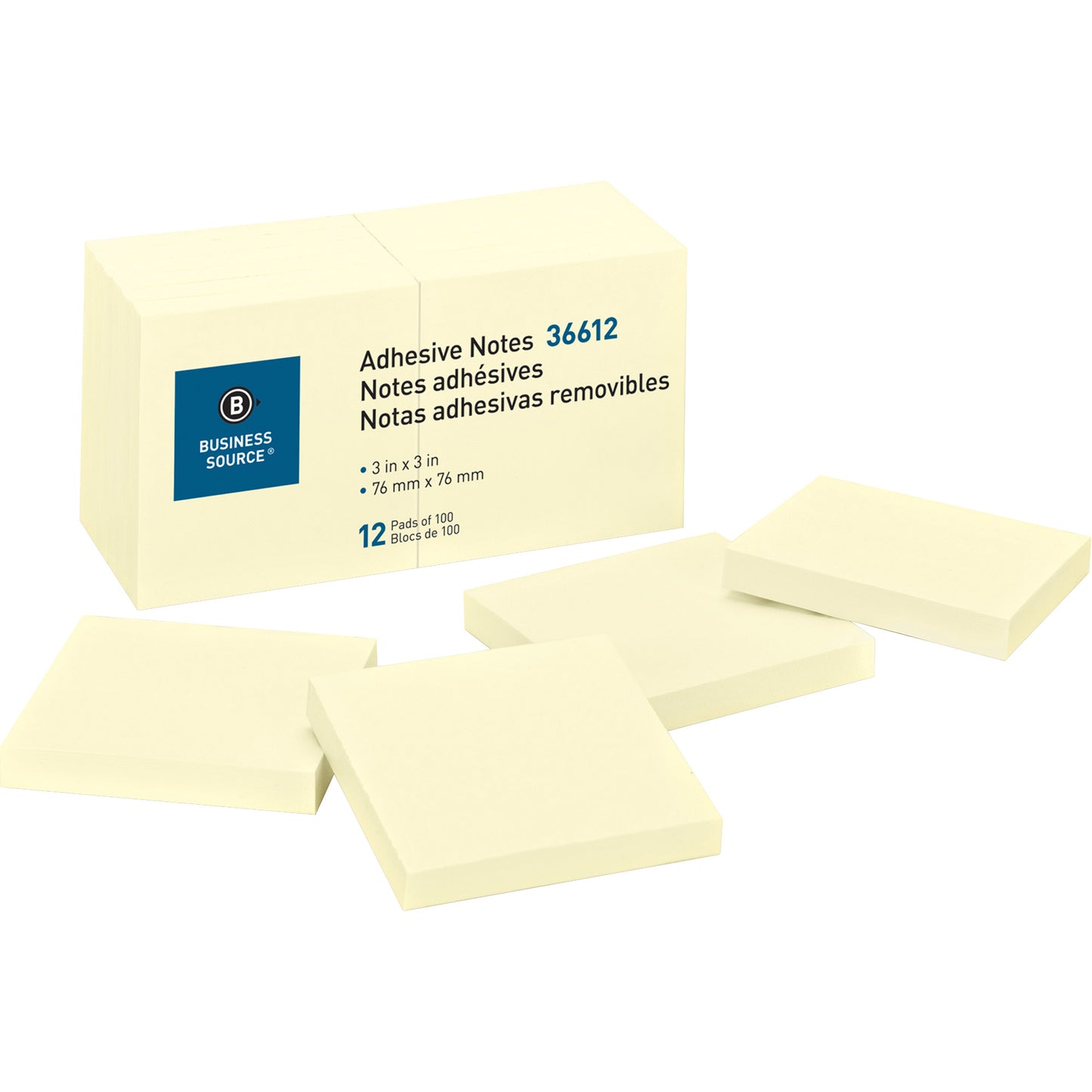 Business Source Yellow Repositionable Sticky Notes - 3" x 3" - Square - Yellow, Solvent-free Adhesive - 12 Count