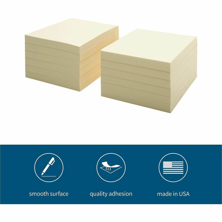 Business Source Yellow Repositionable Sticky Notes - 3" x 3" - Square - Yellow, Solvent-free Adhesive - 12 Count