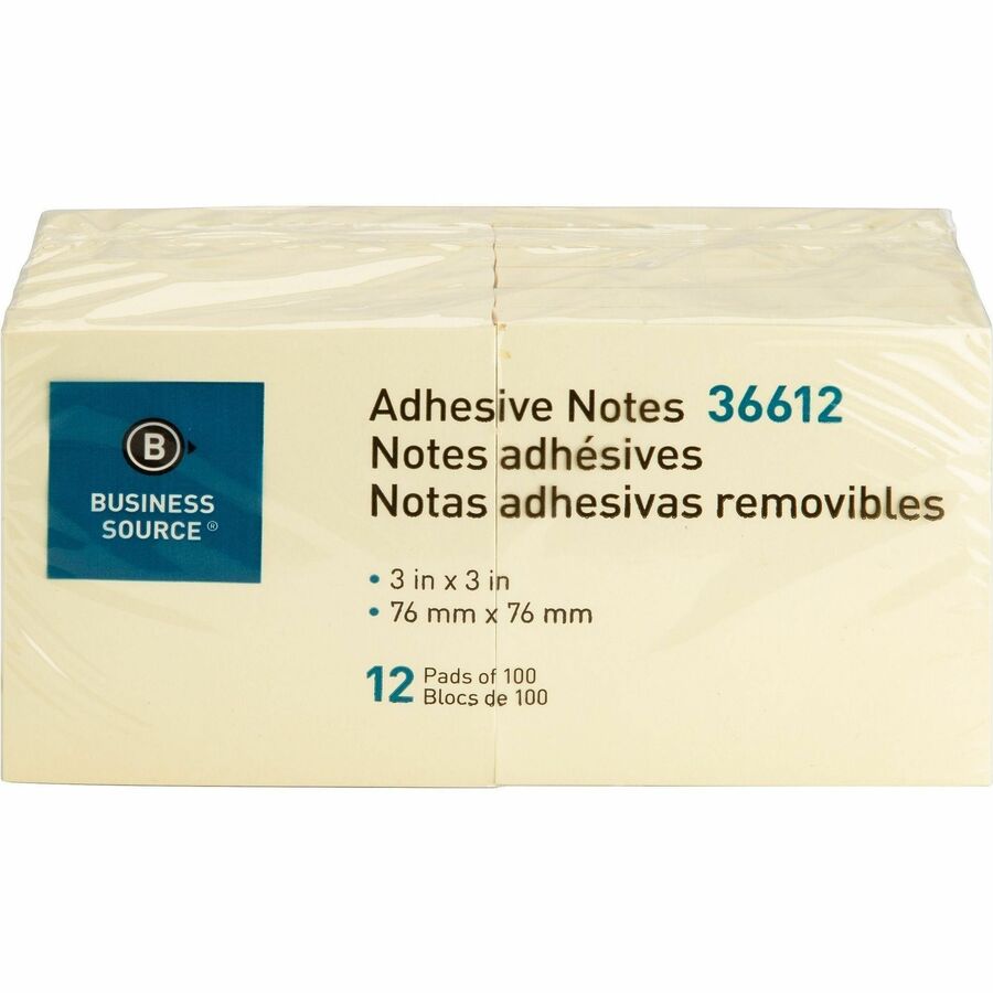 Business Source Yellow Repositionable Sticky Notes - 3" x 3" - Square - Yellow, Solvent-free Adhesive - 12 Count