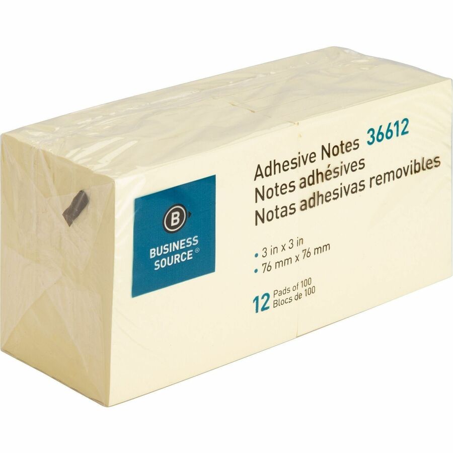 Business Source Yellow Repositionable Sticky Notes - 3" x 3" - Square - Yellow, Solvent-free Adhesive - 12 Count