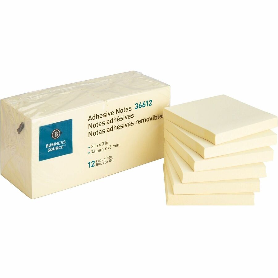 Business Source Yellow Repositionable Sticky Notes - 3" x 3" - Square - Yellow, Solvent-free Adhesive - 12 Count