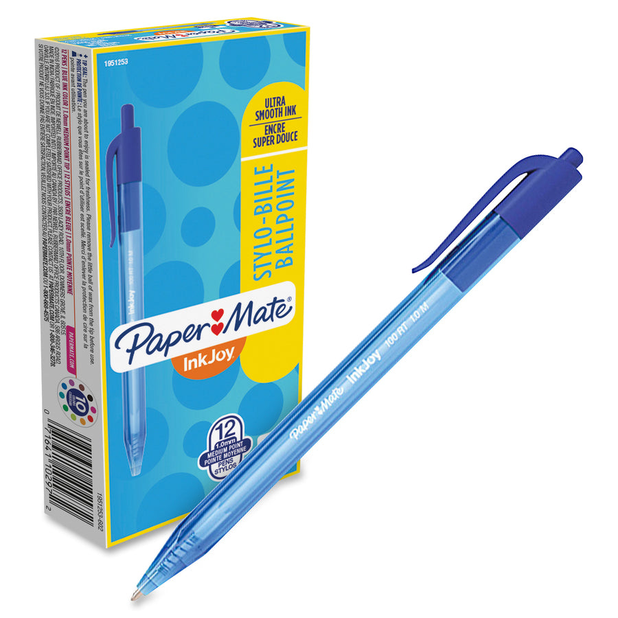Paper Mate InkJoy 100 RT Pens 1 mm Medium Pen Point - Retractable - Blue Ink - Translucent Barrel