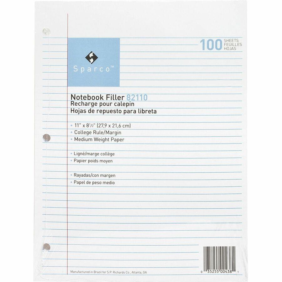 Sparco Notebook Filler Paper - Letter - 100 Sheets - College Ruled - 16 lb Basis Weight - 8 1/2" x 11" - White Paper - 100 / Pack