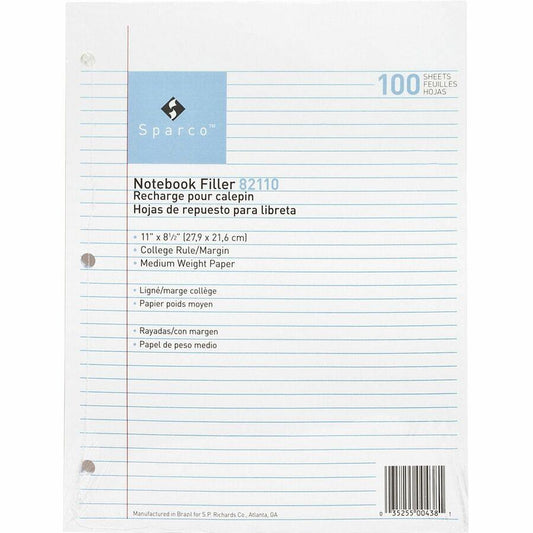 Sparco Notebook Filler Paper - Letter - 100 Sheets - College Ruled - 16 lb Basis Weight - 8 1/2" x 11" - White Paper - 100 / Pack