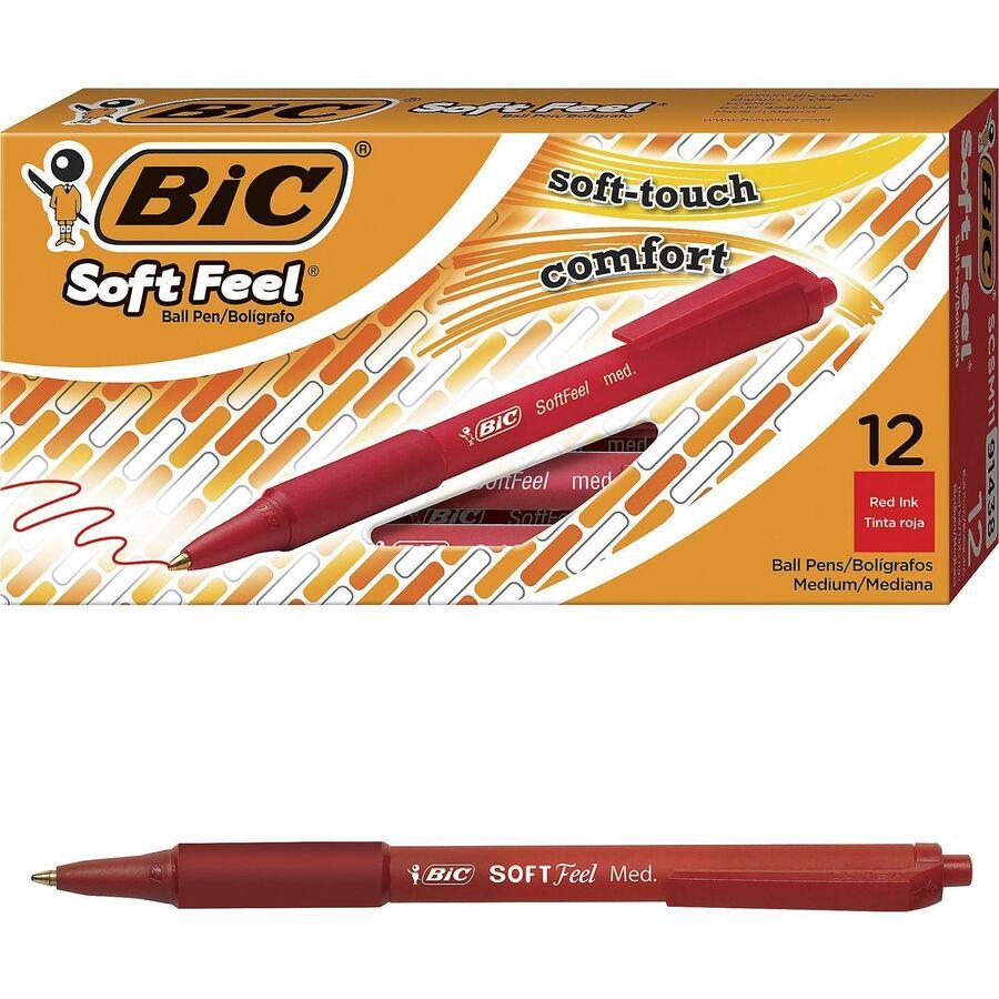 BIC Soft Feel Red Retractable Ballpoint Pens, Medium Point (1.0mm), 12-Count Pack, Red Pens With Soft-Touch Comfort Grip