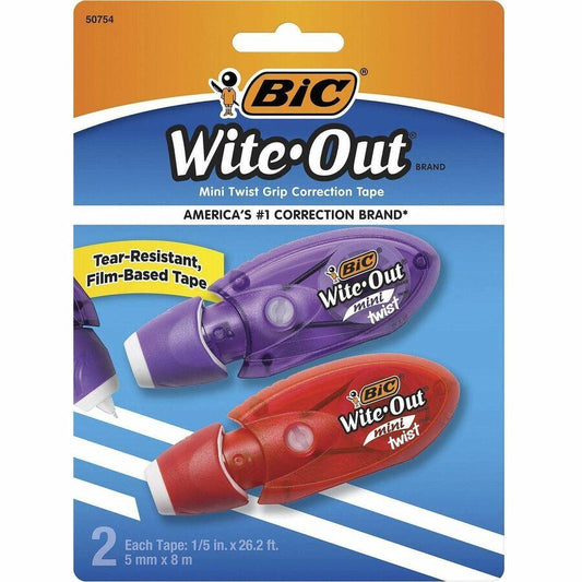 BIC Wite-Out Mini Correction Tape 2-pack White Tape - Micro White Dispenser - Odorless, Flexible Tip, Non-refillable, Protective Cover - White- 2 / Pack