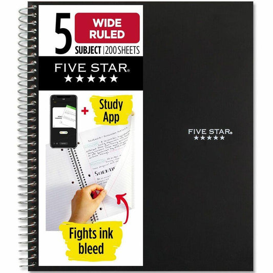 Mead Five-subject notebook - Black - 200 Sheets - Wire Bound - Wide Ruled - 3 Hole(s) - 8" x 10 1/2" - Black Cover - Plastic Cover