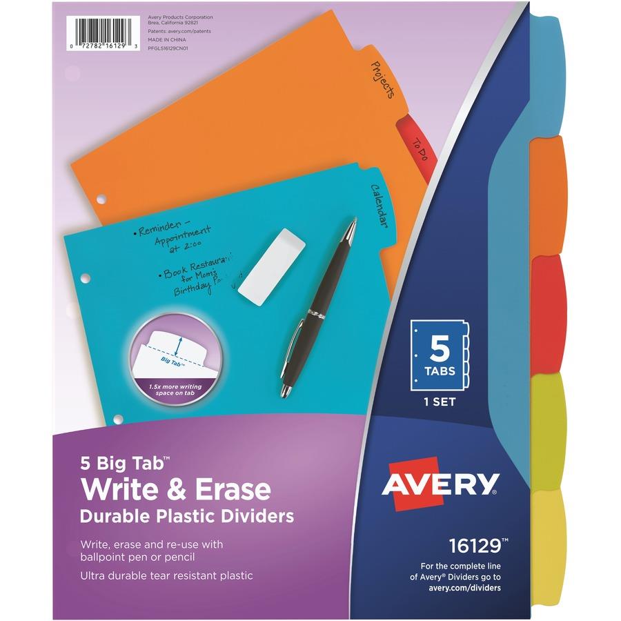 Avery Big Tab Write & Erase Durable Plastic Dividers, 5 Multicolor Tabs, 1 Set