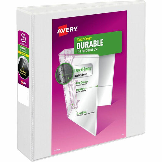 Avery Durable View 3 Ring Binder, 2" Slant Rings, 530-Sheet Capacity, DuraHinge, 2.8 Inch Wide Spine, Customizable Clear Cover and Spine, 1 White Binder