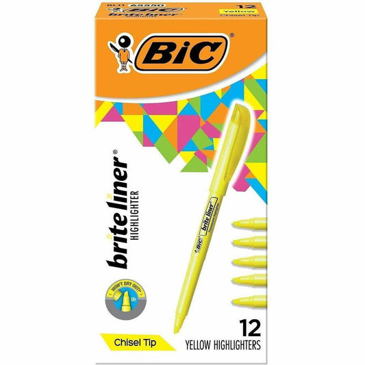 BIC Brite Liner Highlighters - Chisel Marker Point Style - Fluorescent Yellow Water Based Ink - 1 Dozen