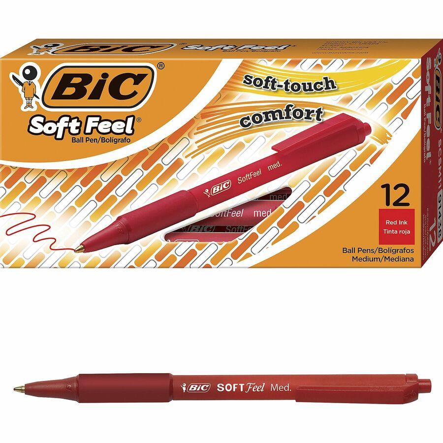 BIC Soft Feel Red Retractable Ballpoint Pens, Medium Point (1.0mm), 12-Count Pack, Red Pens With Soft-Touch Comfort Grip