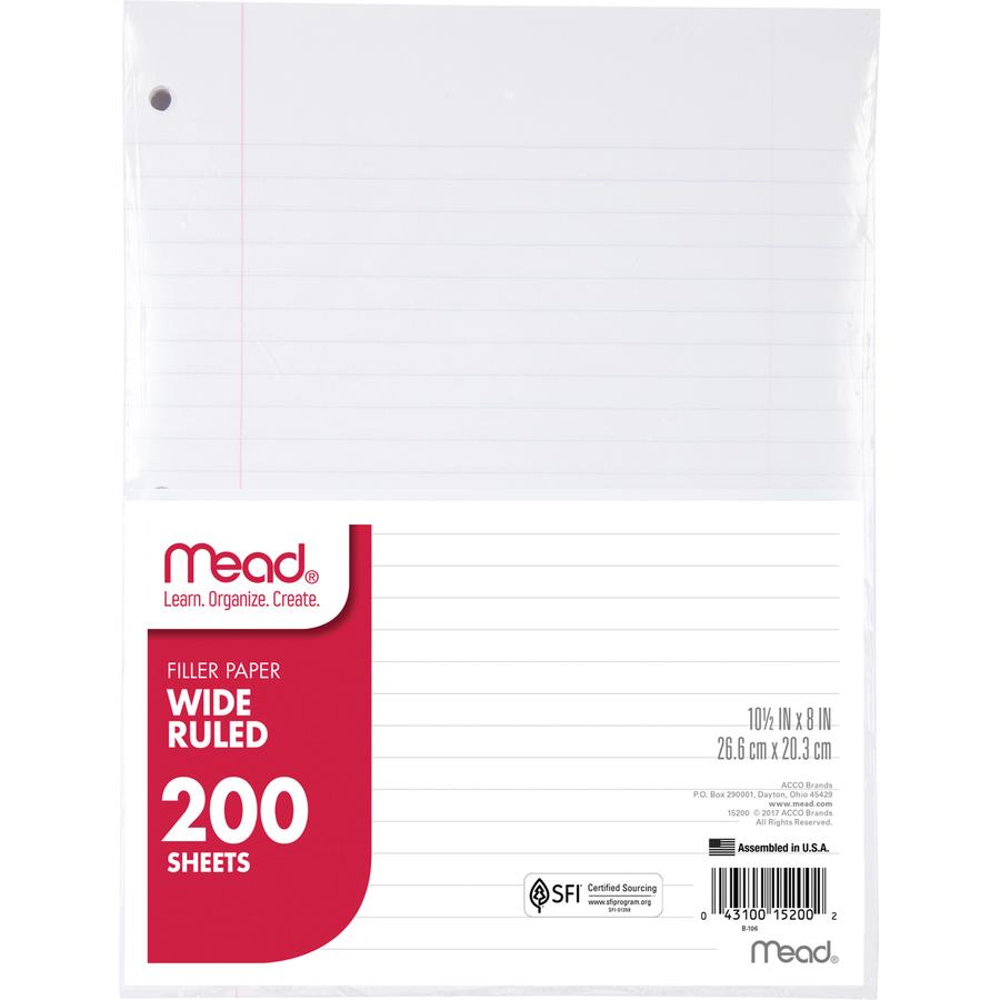 Mead Mead 3-Hole Punched - Wide-ruled Filler Paper - 200 Sheets - Ruled Red Margin - 8" x 10 1/2" - White Paper