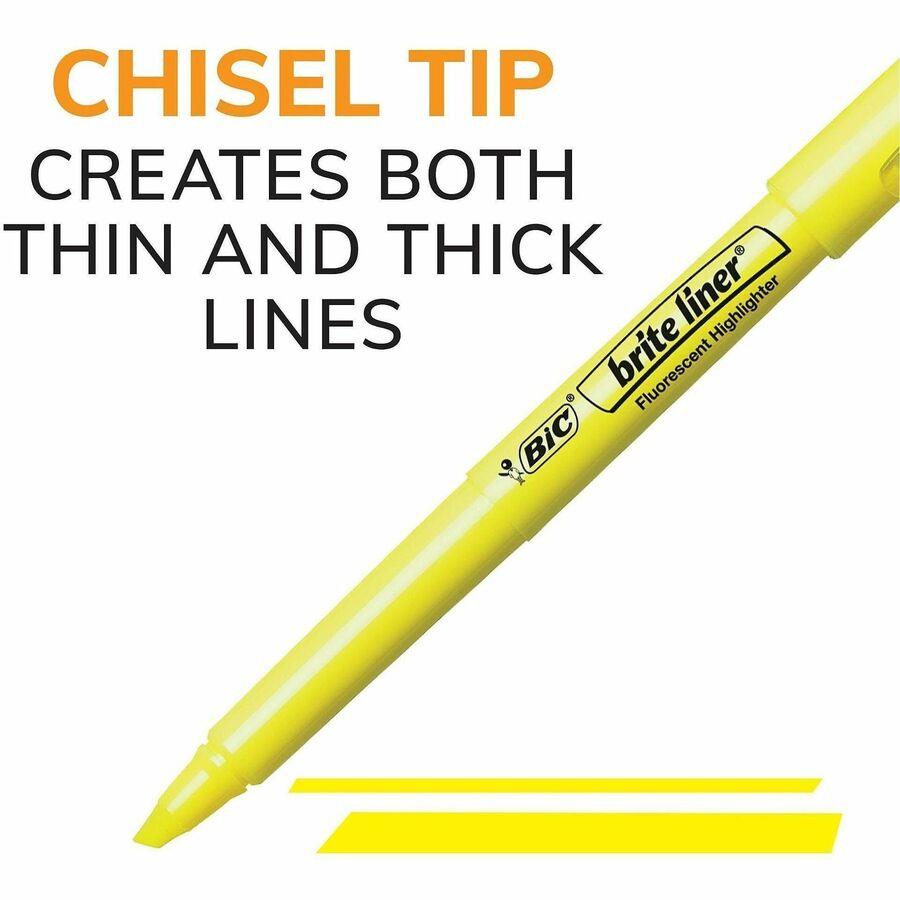 BIC Brite Liner Highlighters - Chisel Marker Point Style - Fluorescent Yellow Water Based Ink - 1 Dozen