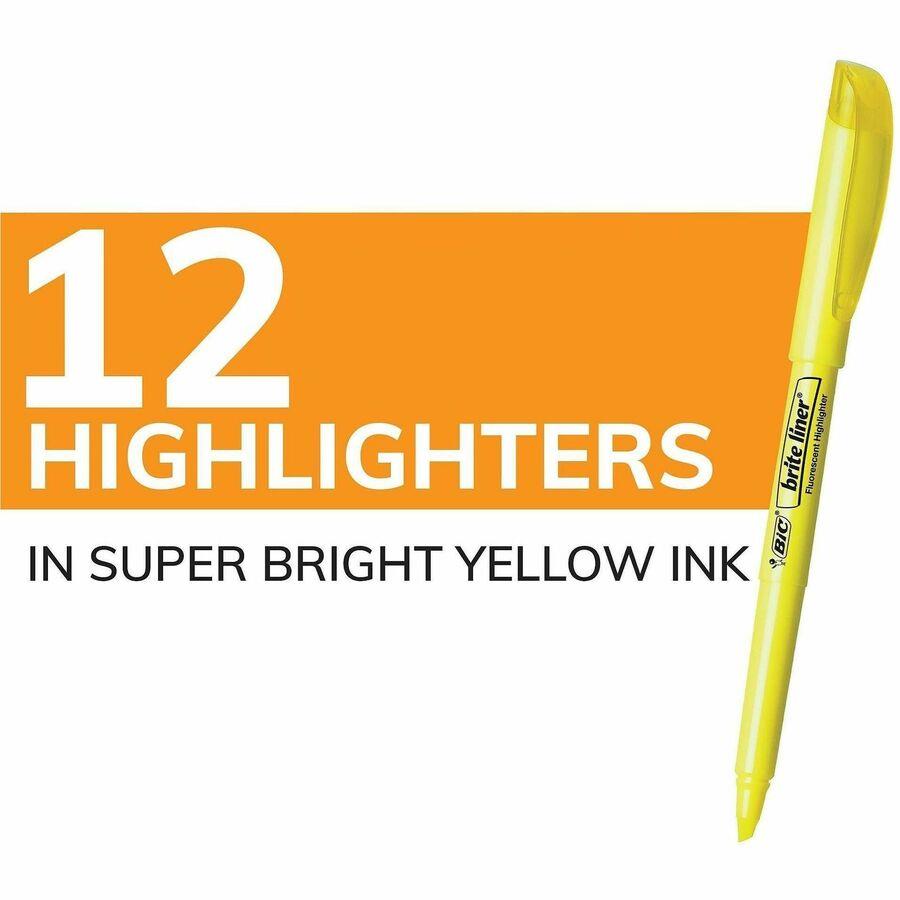 BIC Brite Liner Highlighters - Chisel Marker Point Style - Fluorescent Yellow Water Based Ink - 1 Dozen
