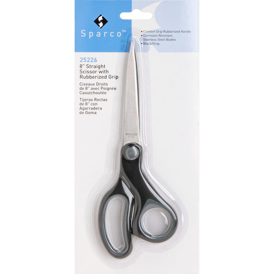 Sparco Straight Rubber Handle Scissors 8" Overall Length - Straight - Stainless Steel - Black, Gray - 1 Count