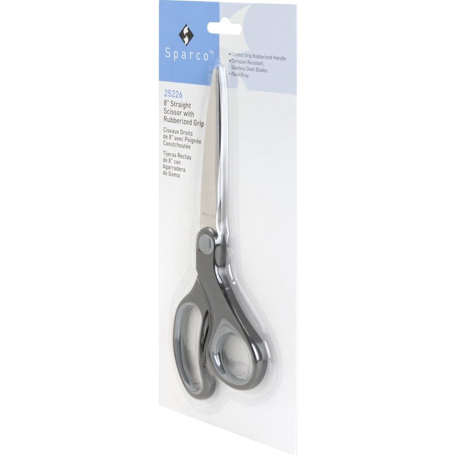 Sparco Straight Rubber Handle Scissors 8" Overall Length - Straight - Stainless Steel - Black, Gray - 1 Count