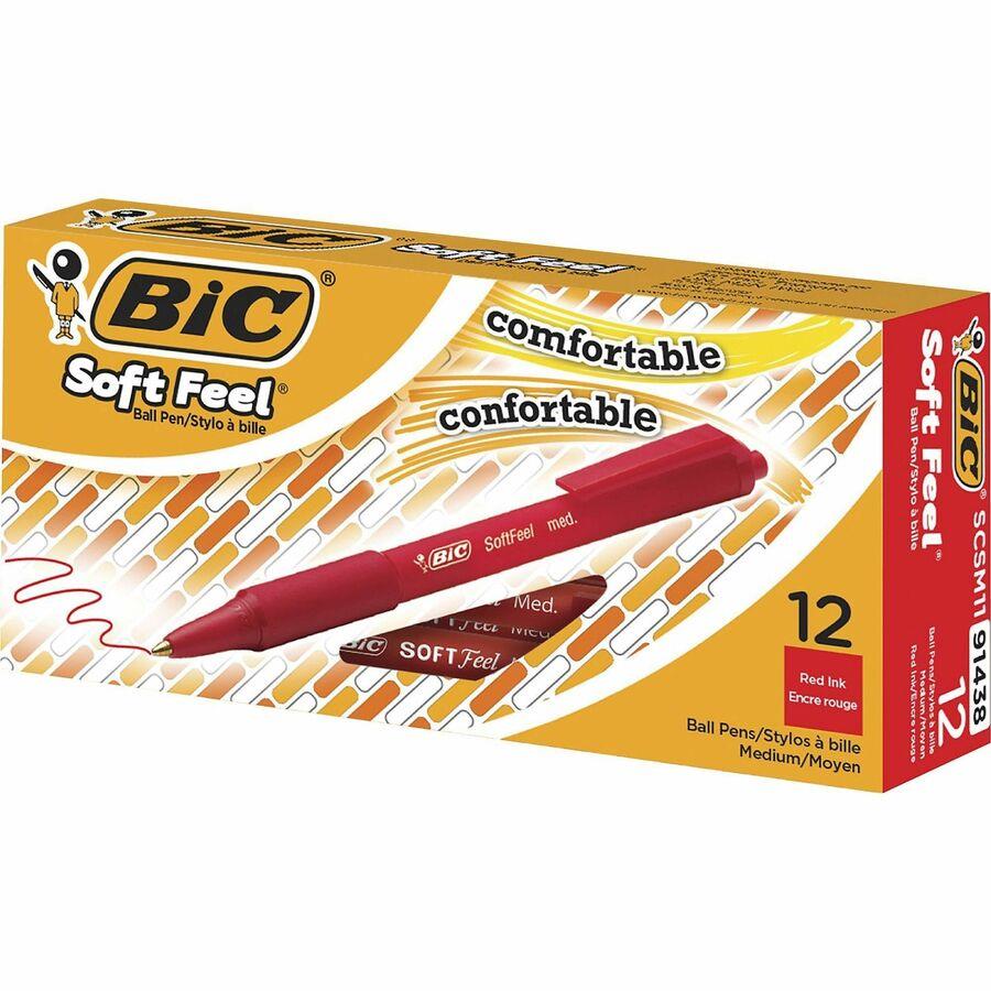 BIC Soft Feel Red Retractable Ballpoint Pens, Medium Point (1.0mm), 12-Count Pack, Red Pens With Soft-Touch Comfort Grip
