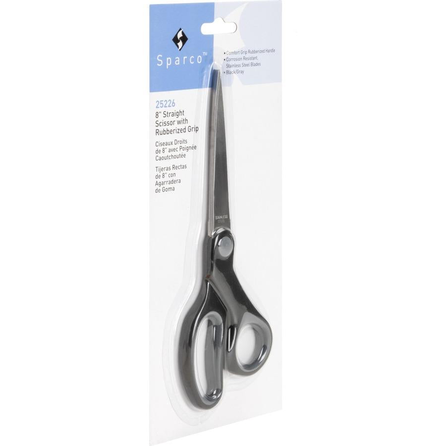 Sparco Straight Rubber Handle Scissors 8" Overall Length - Straight - Stainless Steel - Black, Gray - 1 Count