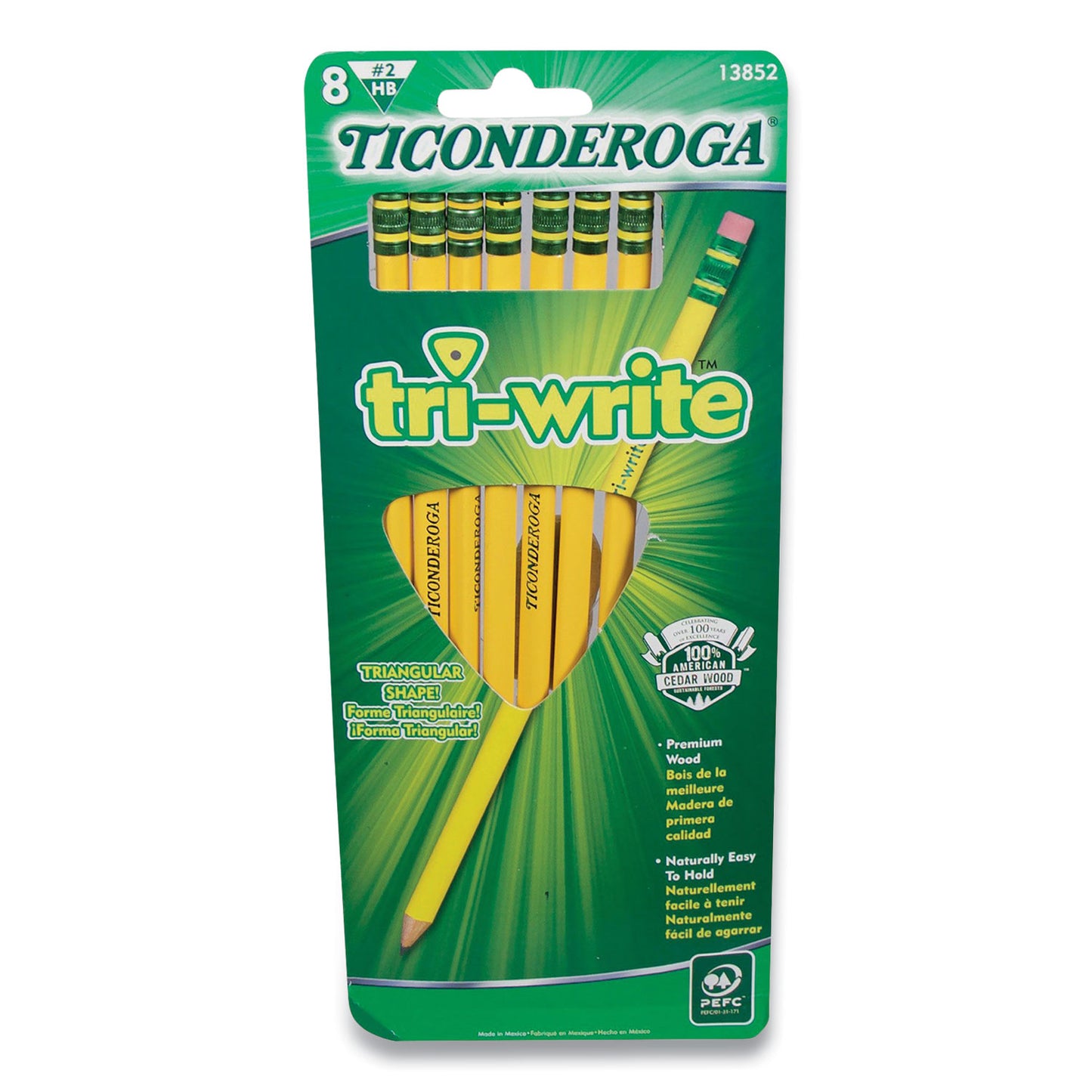 Ticonderoga Tri-Write Triangular Pencil, HB (#2), Black Lead, Yellow Barrel, 8 Count