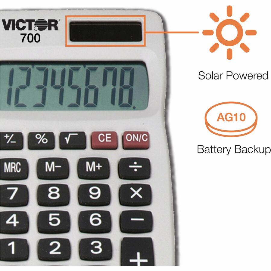 Victor 700 Pocket Calculator 4 Functions - Large LCD, Easy-to-read Display, Rubber Keytop, Dual Power - 8 Digits - LCD - Battery/Solar Powered - Gray - Rubber - 1 Count