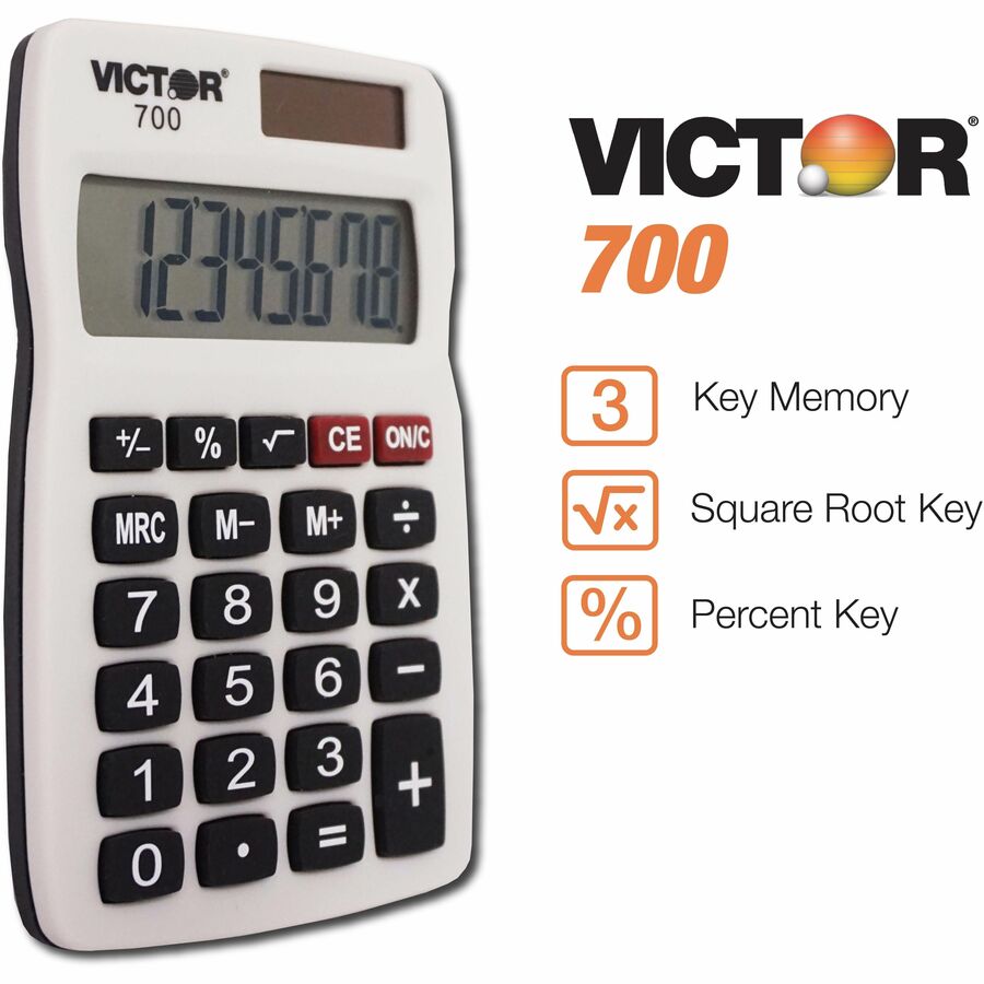 Victor 700 Pocket Calculator 4 Functions - Large LCD, Easy-to-read Display, Rubber Keytop, Dual Power - 8 Digits - LCD - Battery/Solar Powered - Gray - Rubber - 1 Count