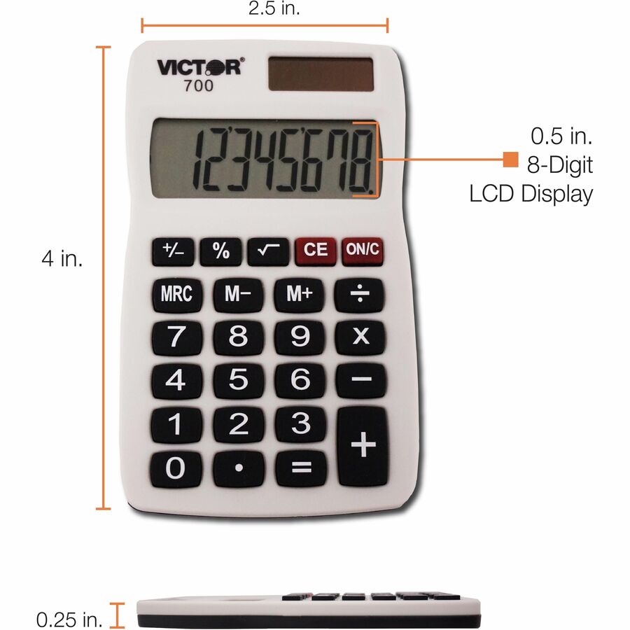 Victor 700 Pocket Calculator 4 Functions - Large LCD, Easy-to-read Display, Rubber Keytop, Dual Power - 8 Digits - LCD - Battery/Solar Powered - Gray - Rubber - 1 Count